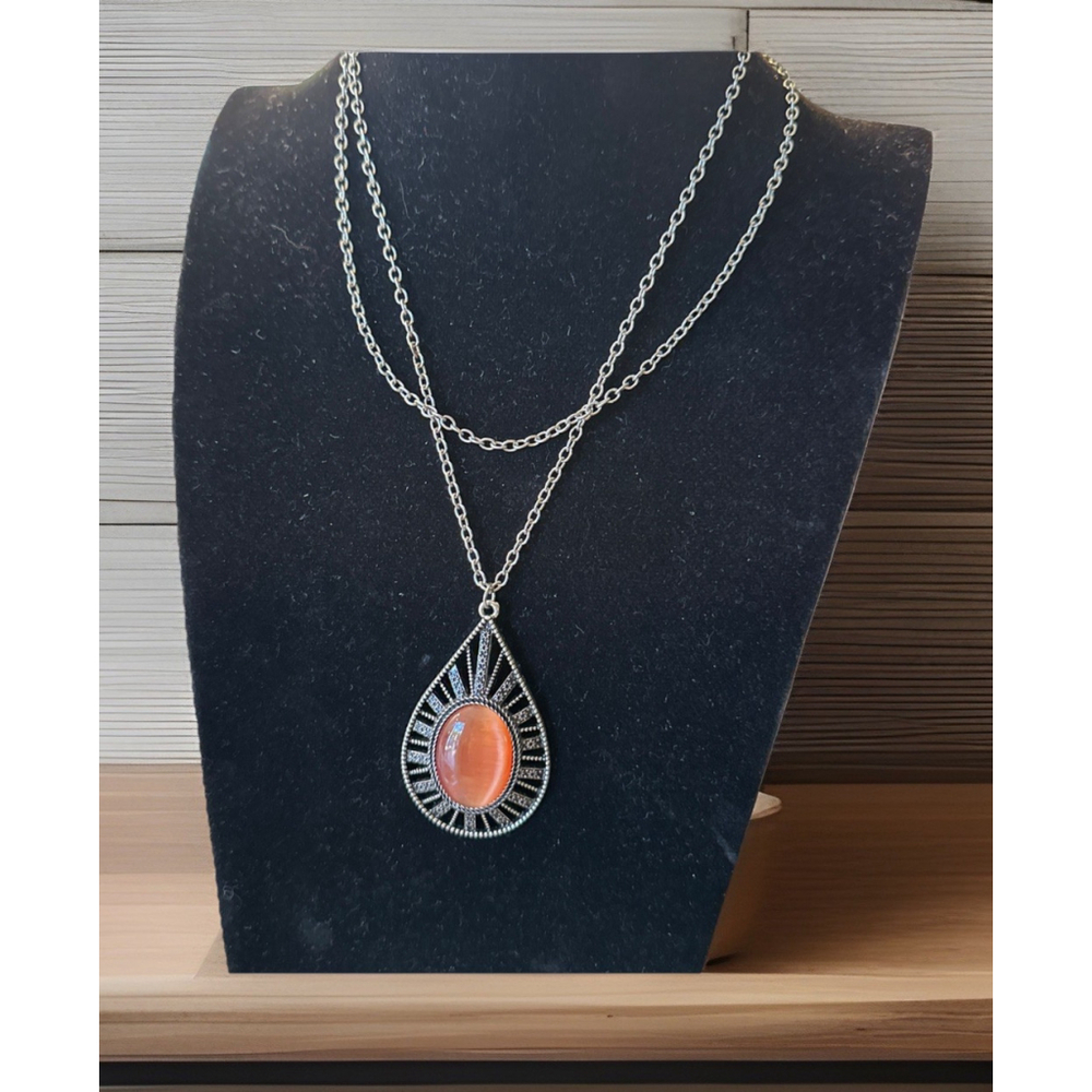 Vtg Long 37” Glow Amber-Orange color Necklace Tear Drop Filigree SilverTn